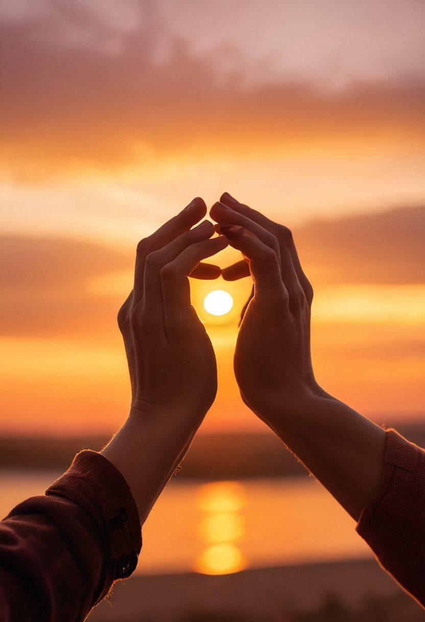 A close-up of two hands intertwined, symbolizing trust and devotion, surrounded by soft, glowing hearts and warm, inviting colors. In the background, a serene sunset casts a romantic atmosphere, subtly blending with soft, blurred outlines of a couple in conversation. The scene captures an intimate moment that illustrates the depth of emotional connection. dreamy lighting. vibrant colors. soft focus.