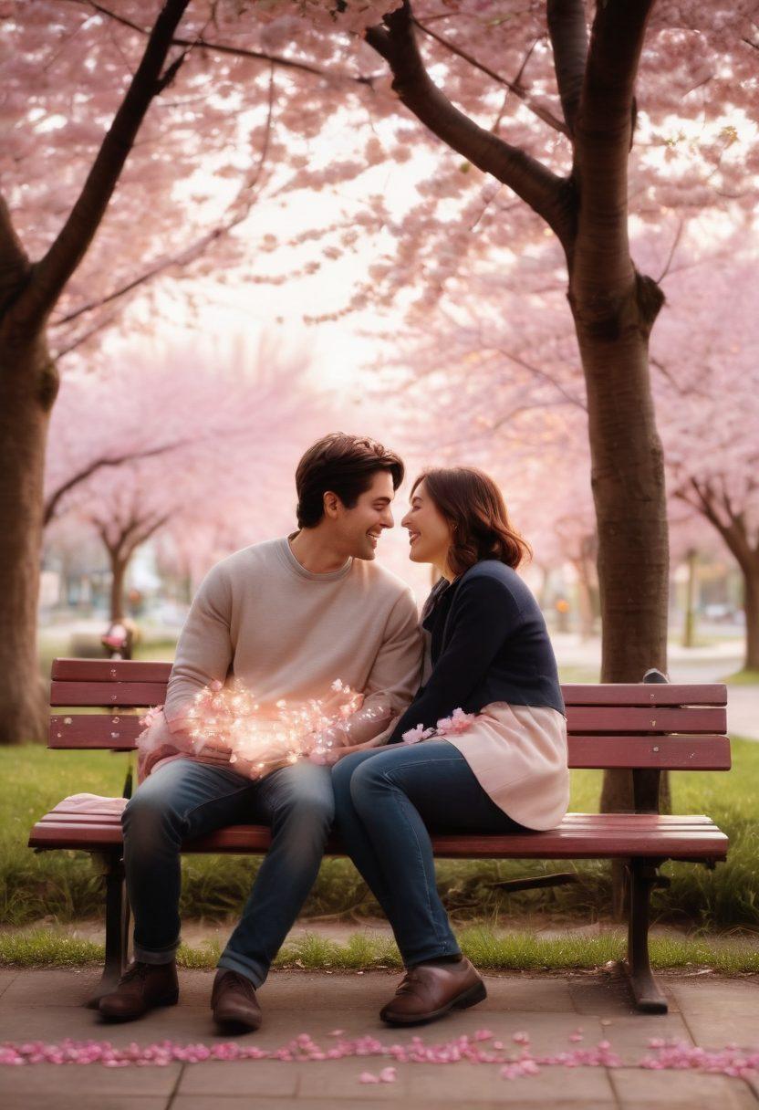 A warm, intimate scene of two individuals sitting closely on a park bench, sharing laughter amidst blooming cherry blossom trees, symbolizing friendship blossoming into romance. Subtle heart motifs in the background to represent emotional connections. Soft twilight hues blending into a magical atmosphere, highlighting their smiles and the spark between them. super-realistic. vibrant colors. soft focus.