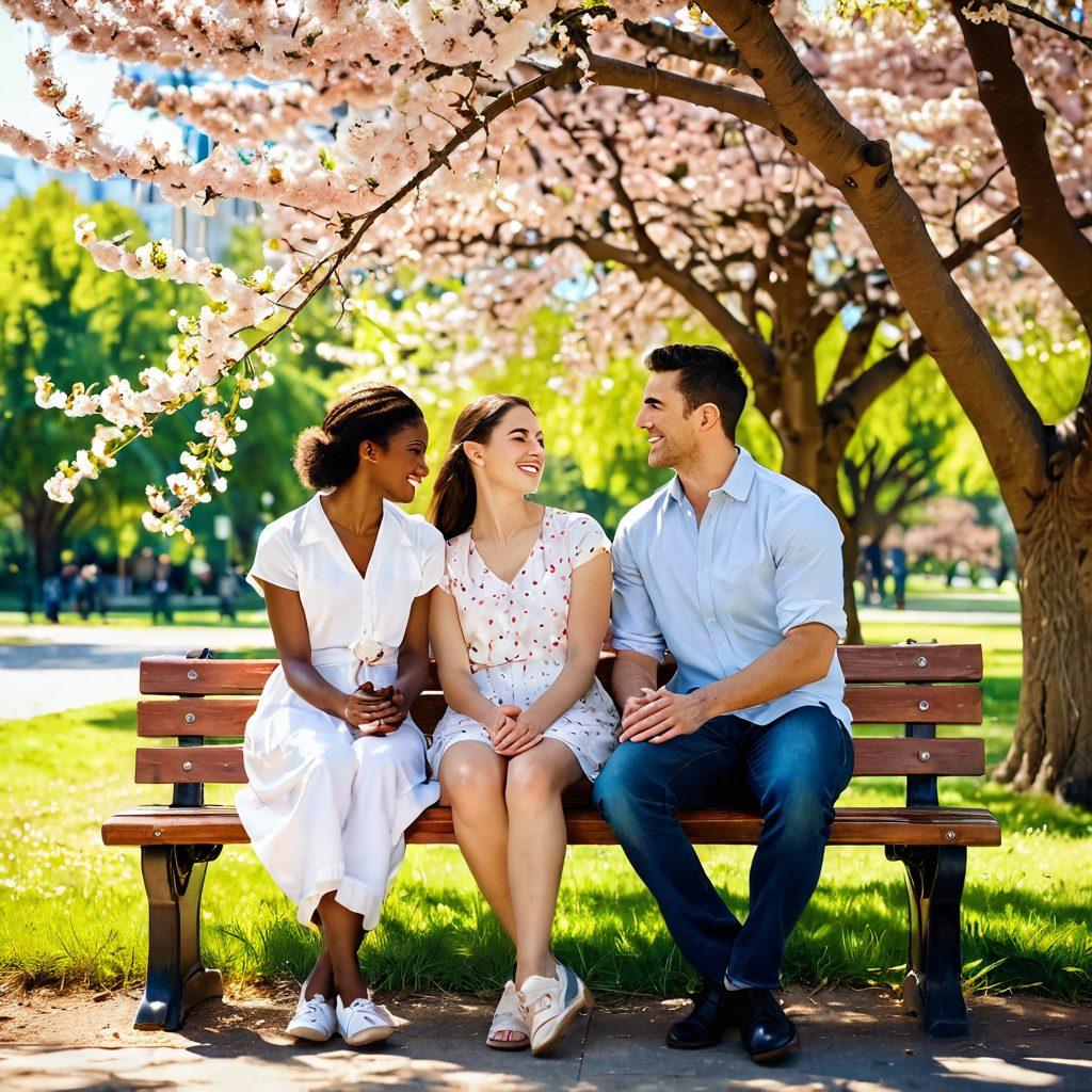 A serene couple sitting on a park bench, sharing heartfelt conversations under a blossoming cherry tree, bathed in warm sunlight. In the background, friends laughing and interacting, symbolizing trust and deep connections. Add delicate hearts and soft light to emphasize affection. super-realistic. vibrant colors. warm tones.